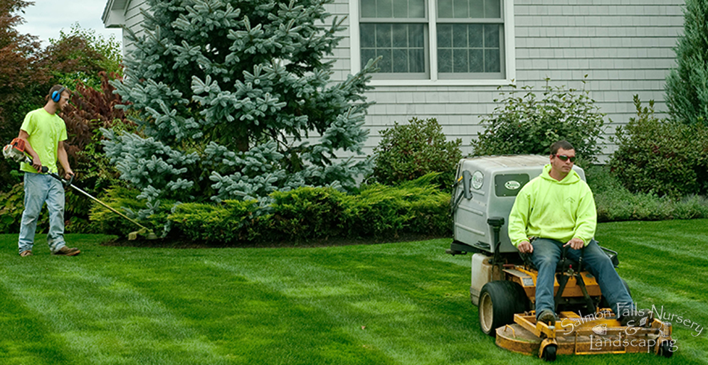 Salmon Falls crew mowing and trimming a residential lawn